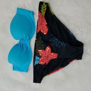 Victoria's Secret Blue Bandeau Bikini Top 34A With Floral Bottoms
